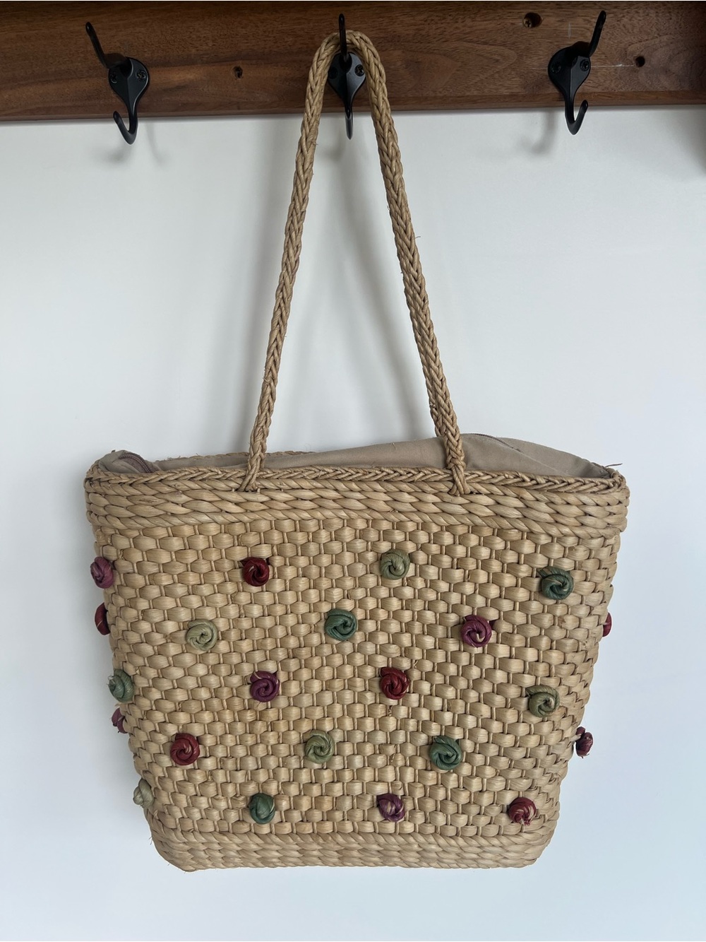 Woven Straw Tote Bag with Rose Accents - Natural
